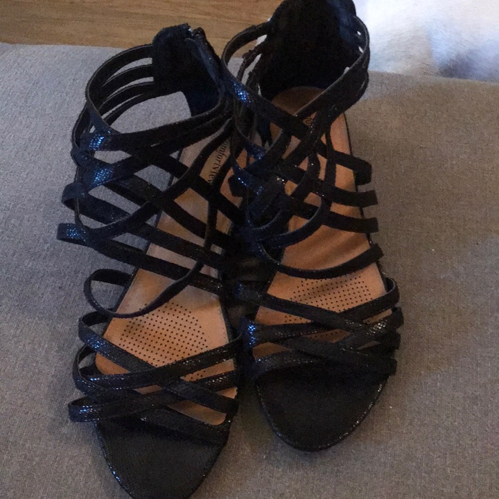 Black strappy wedge sandals